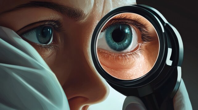 Close up view of a magnified human eye with glasses