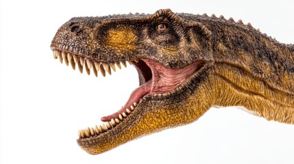 Detailed close-up of a textured Tyrannosaurus rex head model with scaly brown and yellow skin, wide open mouth revealing sharp conical teeth, fleshy pink interior,