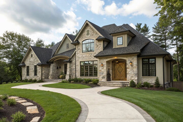old english house, a white home with a green lawn