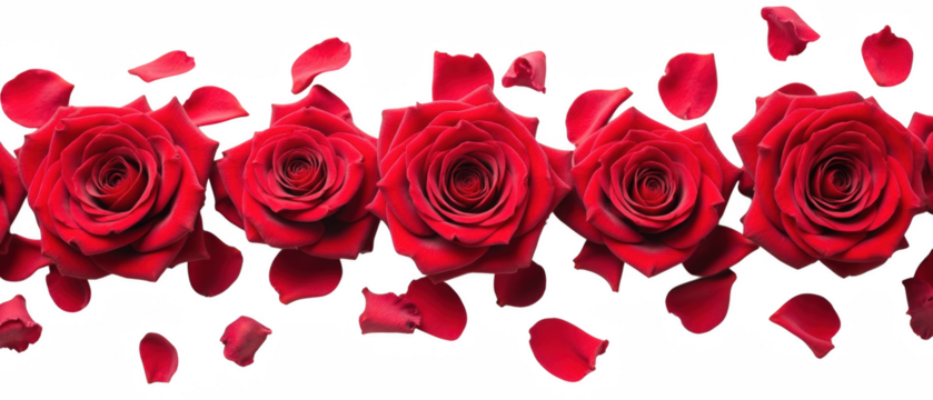 Beautiful red roses arranged in line with scattered petals, symbolizing love and romance. Perfect for celebrations and special occasions