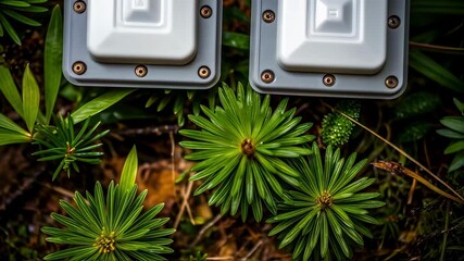 Closeup of Motion Sensors A close look at embedded motion sensors within a habitat setup demonstrating their sensitivity and precision against a backdrop of diverse flora capturing