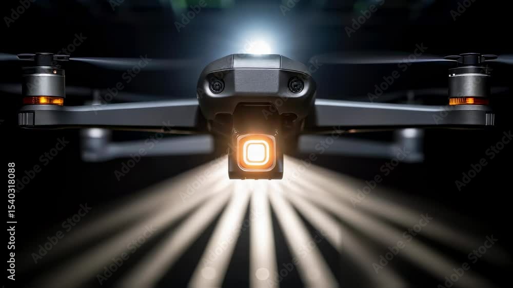 Aufkleber Closeup of the drones bright LED spotlight as it flickers on and off to send emergency signals with shadows dancing around due to the intermittent light patterns.