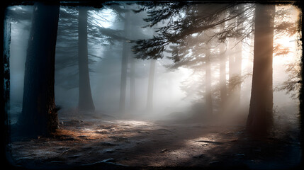 Naklejka premium A vintage postcard-style photograph of a forest at dawn, shrouded in mist with soft light seeping through the fog, creating an atmospheric and mystical scene.