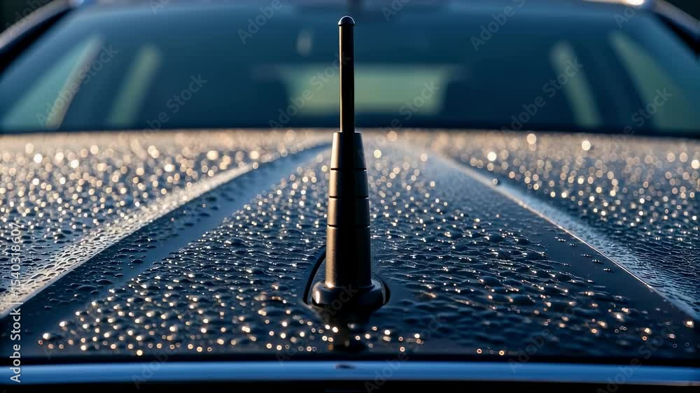 Poster Closeup view of an antenna emphasizing its sleek design and the intricate mechanics with droplets of dew reflecting the early morning sun.