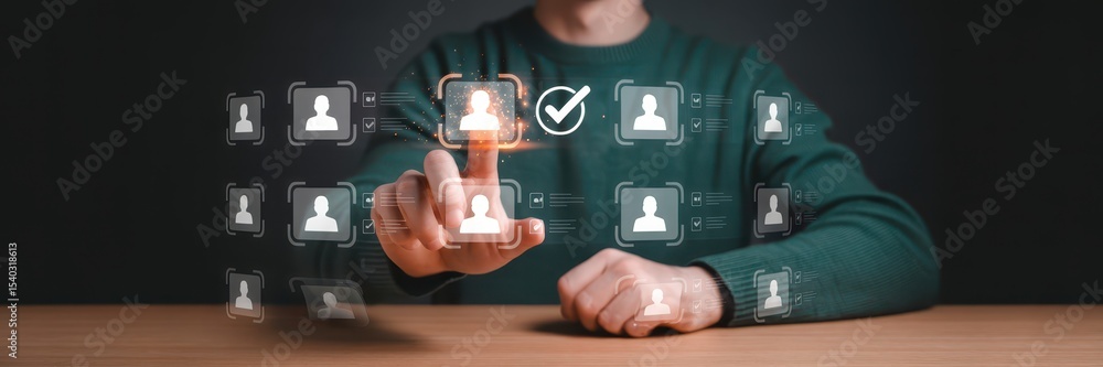 Poster person interacting with a holographic user interface displaying profiles.
