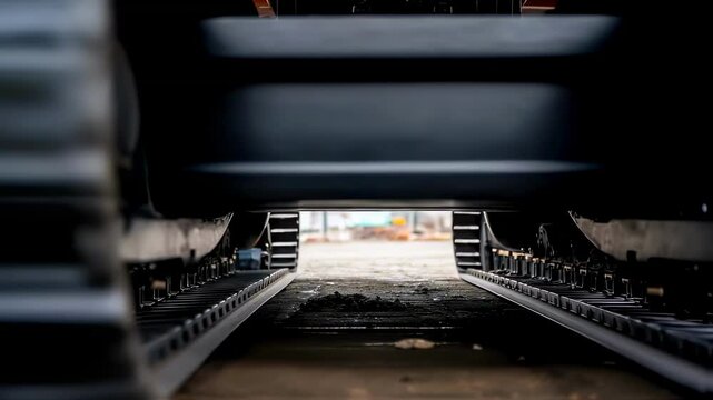 Detailed view of thick rubber tracks of a mobile crane gripping the ground as it stabilizes itself on uneven surfaces while lifting debris.