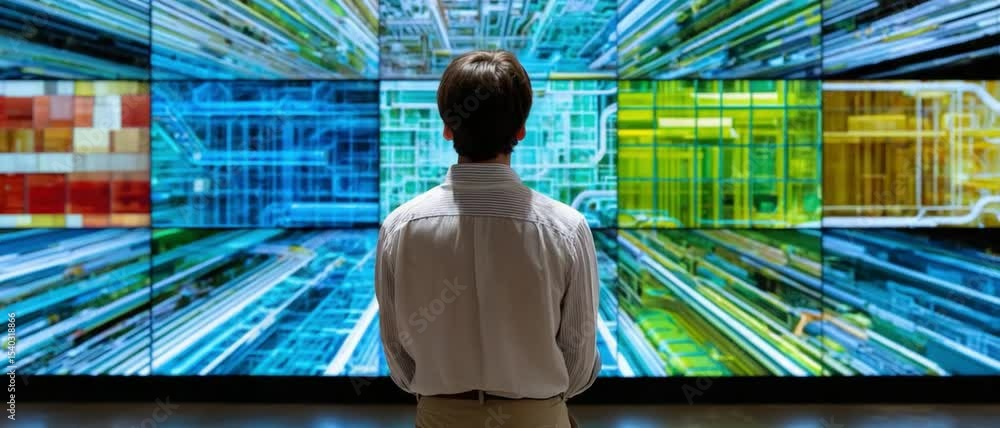 Aufkleber data analyst observing complex data streams: a lone data analyst stands before a massive display sho