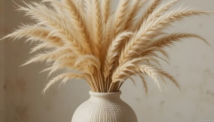 Close-up of dried pampas grass in a textured vase, beige tones, minimal background, soft natural lighting