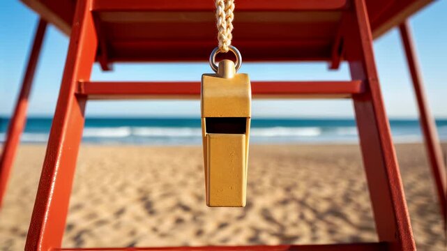Medium closeup of a lifeguards whistle hanging from a the tower with grains of sand clinging to it symbolizing vigilance in a busy coastal environment.
