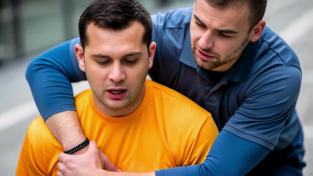 Paramedic performing heimlich maneuver on choking man outdoors