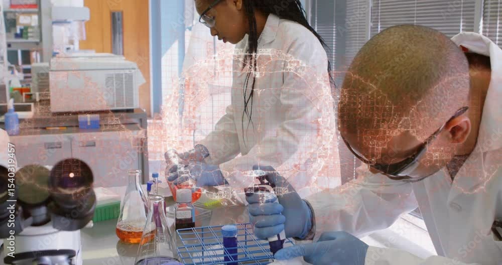 Poster lab scientists aspirating pipette and pouring reagent as digital globe swirling visualizing data