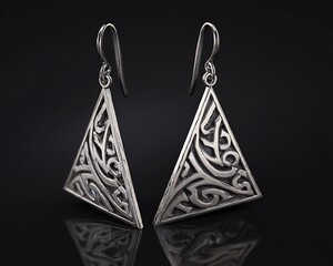 Silver earrings featuring triangular repeat pattern in minimalist tribal style
