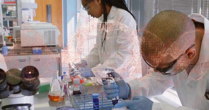 lab scientists aspirating pipette and pouring reagent as digital globe swirling visualizing data - Powered by Adobe