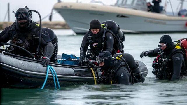 Medium closeup of a team of divers in action geared up in wetsuits and ready to assist stranded individuals with the boats hull in the background creating context of teamwork.