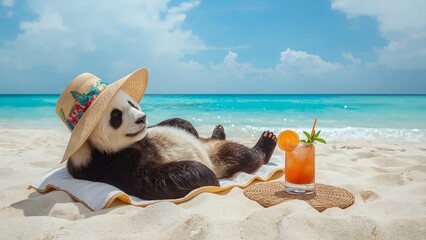 A cute panda relaxing on a sunny beach with a colorful cocktail in hand, symbolizing tropical vacation vibes, fun, relaxation, exotic charm, summer joy, and a playful escape into paradise