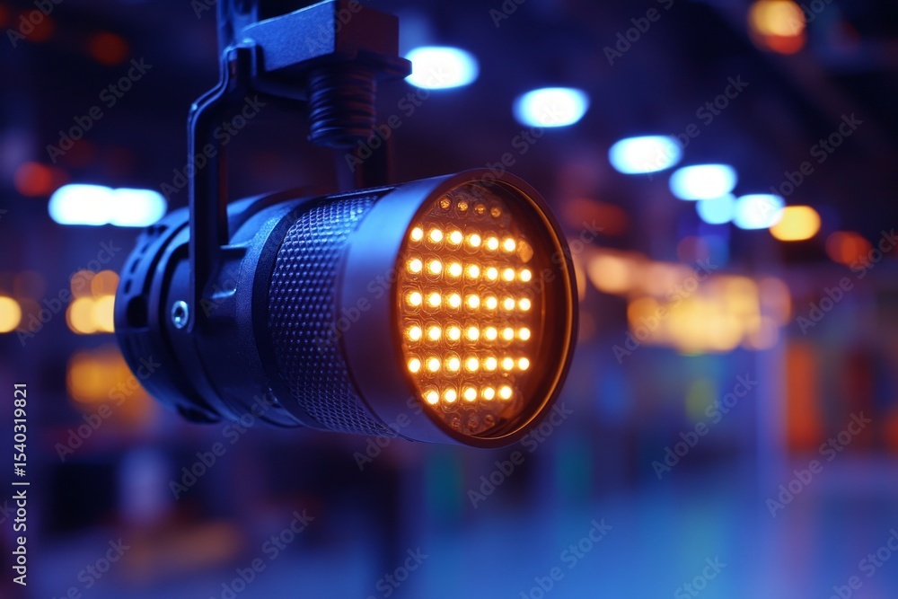 Poster powerful led stage light casting a warm glow, illuminating an empty venue, creating an atmosphere of