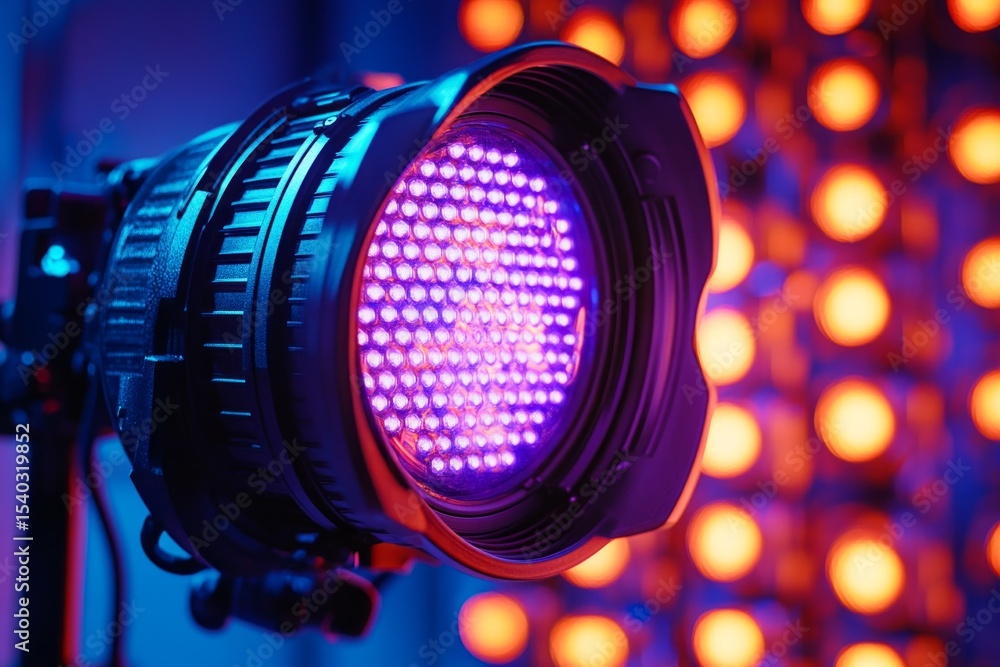 Poster close-up of a led spotlight emitting purple light, creating a vibrant and dynamic atmosphere in a st