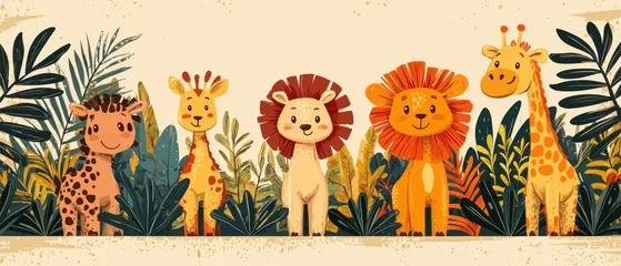 Wall murals Adorable safari animals amidst lush foliage