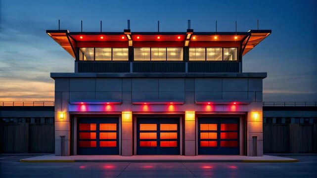 The command centers exterior at dusk as vibrant lights illuminate key areas creating a stark contrast against the twilight sky highlighting its role in urban safety.