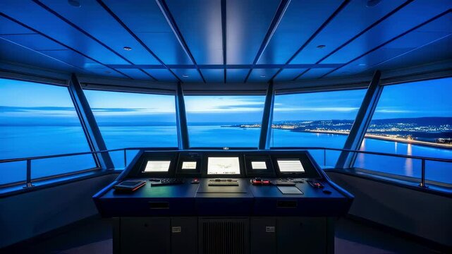 The bridge of the command center with a panoramic window offering a stunning view of the coastline illuminated with a soft blue light emphasizing its strategic position.