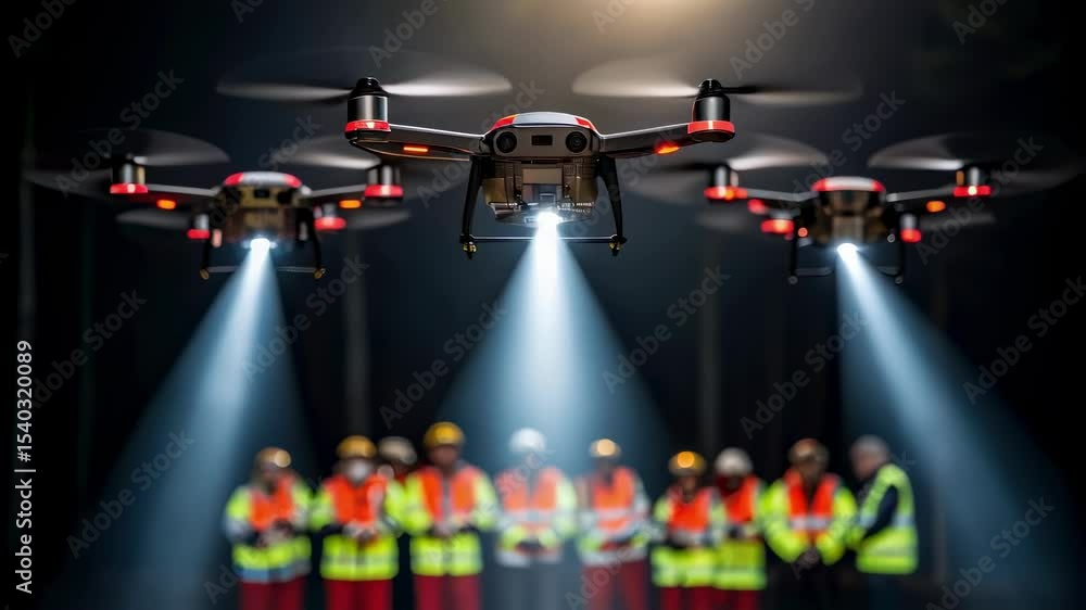 Poster The drones propellers in motion capturing the moment when the spotlight angles down towards a distressed group the bright light reflecting off their reflective emergency gear.