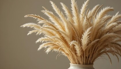 Close-up of dried pampas grass in a textured vase, beige tones, minimal background, soft natural lighting