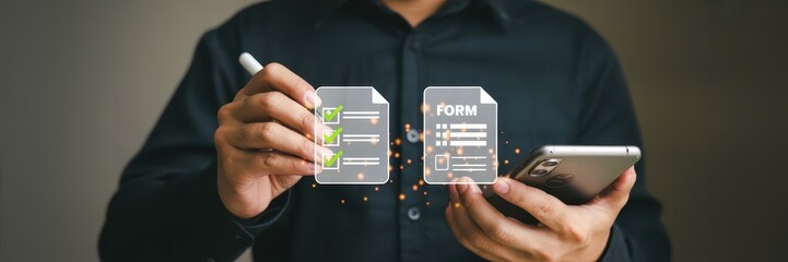 Person holding digital forms on a smartphone.