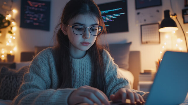 Teen Girl Coding Python on Laptop at Night
