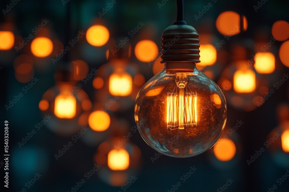 Poster close-up of glowing light bulb hanging against a backdrop of blurred lights creating a warm and invi