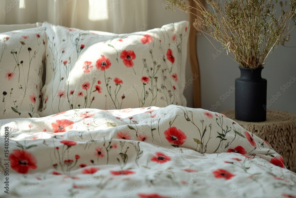 Poster sunlight illuminates poppy-patterned bedding, creating a cozy and inviting atmosphere in a stylish b