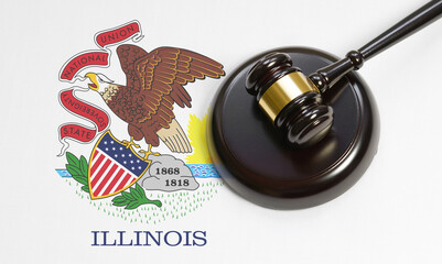 Illinois State Law And American Legal System Concept With Illinoisan Flag And Judge Gavel