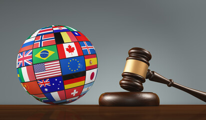 International Flags Globe And Judge Gavel. Laws And Global Justice Concept