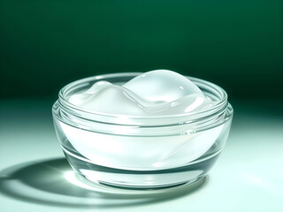 Skincare cream in transparent glass jar on green background with soft lighting. Ideal for cosmetic branding visuals. Generative AI