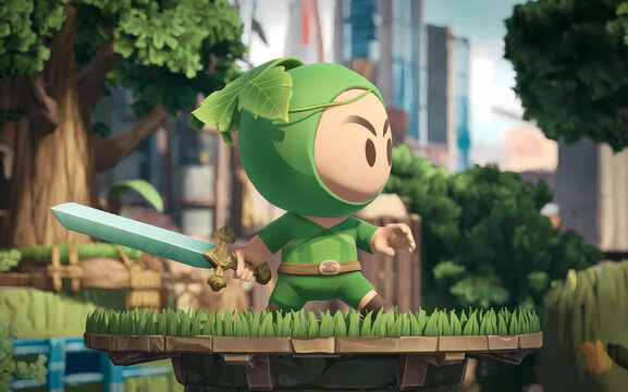 Fototapeta Cute Cartoon Hero with Sword in Fantasy World.