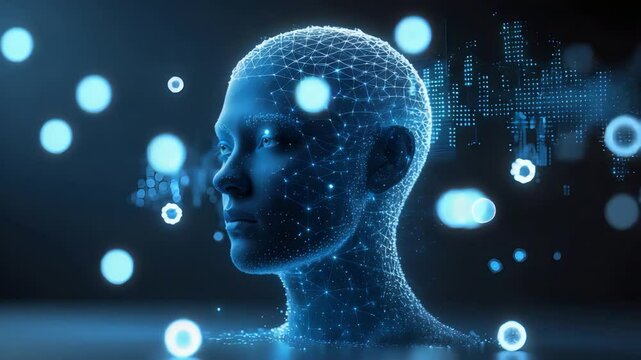 Digital 3D head made of glowing data points with floating abstract elements in dark futuristic environment showing artificial intelligence


