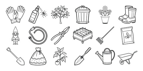 Fototapeta premium Gardening tools and plants line art illustrations collection