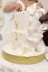 Beautiful wedding cake being cut by the bride and groom. Wedding celebration traditions.