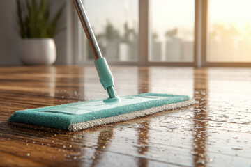 Flat mop cleaning shiny wooden floor with natural light reflections in modern indoor home