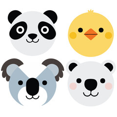 Animal faces flat cartoon set vector isolated white background