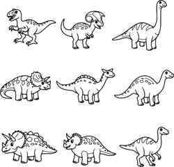 Adorable Dinosaur Line Art Coloring Pages Featuring Velociraptor, Triceratops, Brachiosaurus, and More!