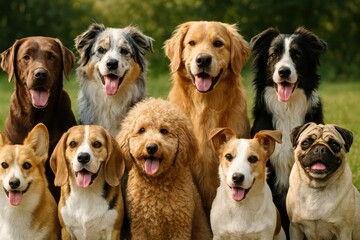 Diverse group of happy dogs.