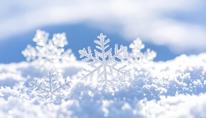 Elegant snowflakes resting on fresh snow against a serene blue sky backdrop