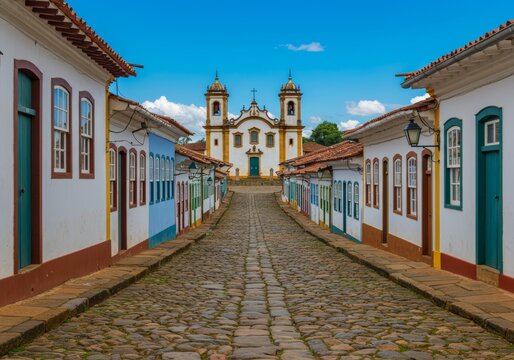 Rua de paralelep&iacute;pedos com casar&otilde;es coloridos e igrejas na cidade hist&oacute;rica de Ouro Preto
