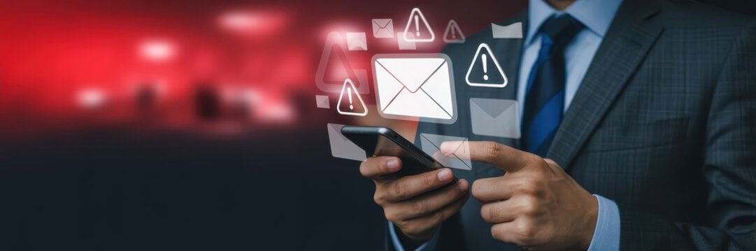A person holds a smartphone displaying email notifications with cautionary symbols.