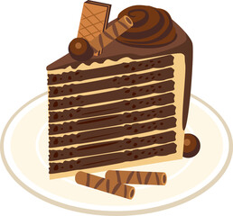 A slice Chocolate cake with wafer on the top