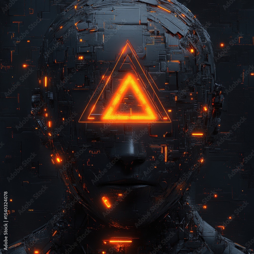 Poster face constructed with robotic circuitry and orange triangular light