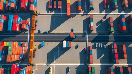 Aerial view of busy shipping container yard with colorful containers, trucks, and cranes operating in organized logistics hub

 - Powered by Adobe