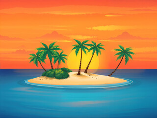 Obraz premium Bright tropical island with palm trees and vivid ocean reflections during a warm orange sunset. Generative AI