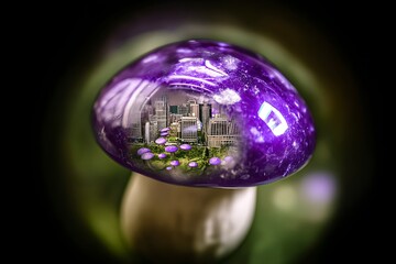 City dreams within mushroom reflection orb