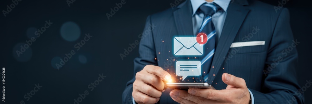 Poster businessman interacting with digital email and message notifications on a smartphone.